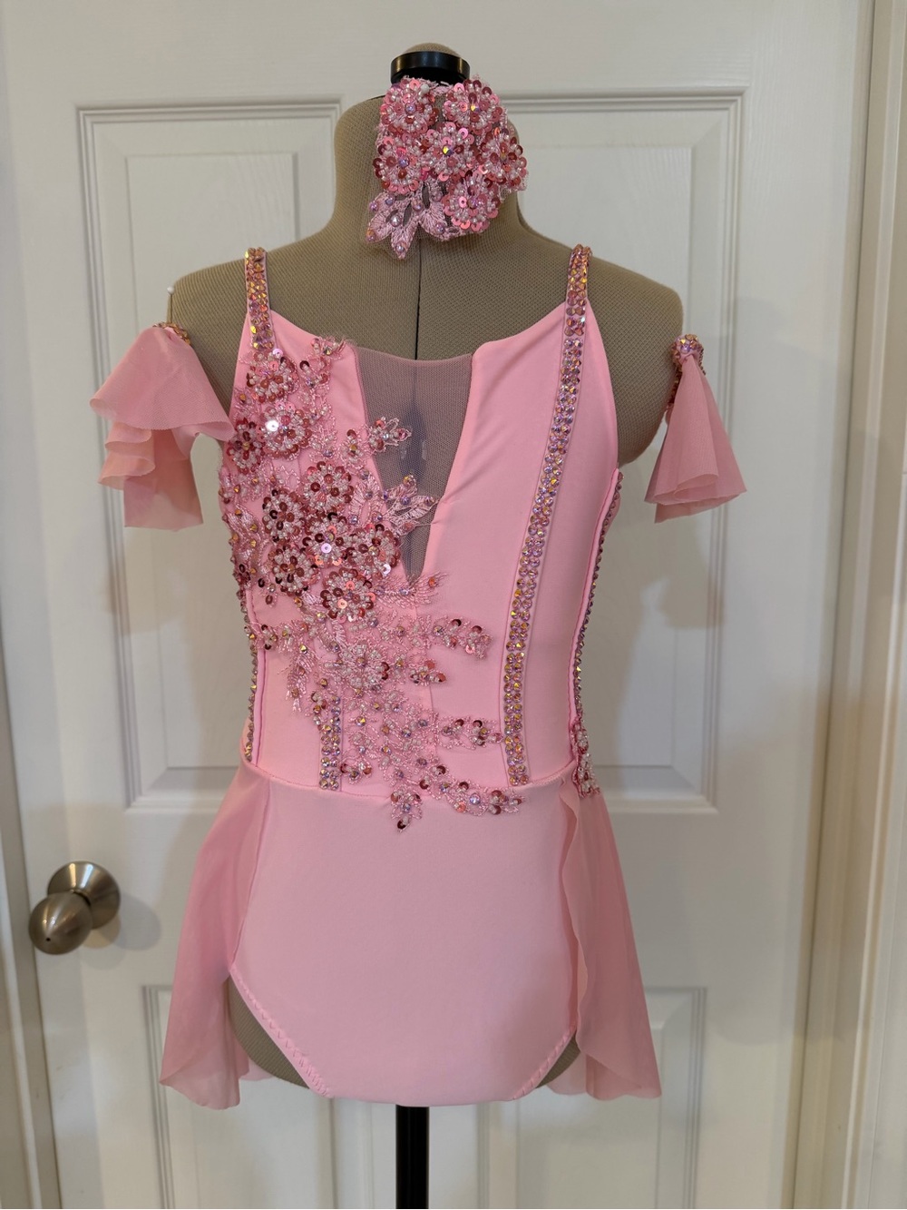 Lyrical Dance Costume Pink Sequin Floral Appliqué Dance Leotard